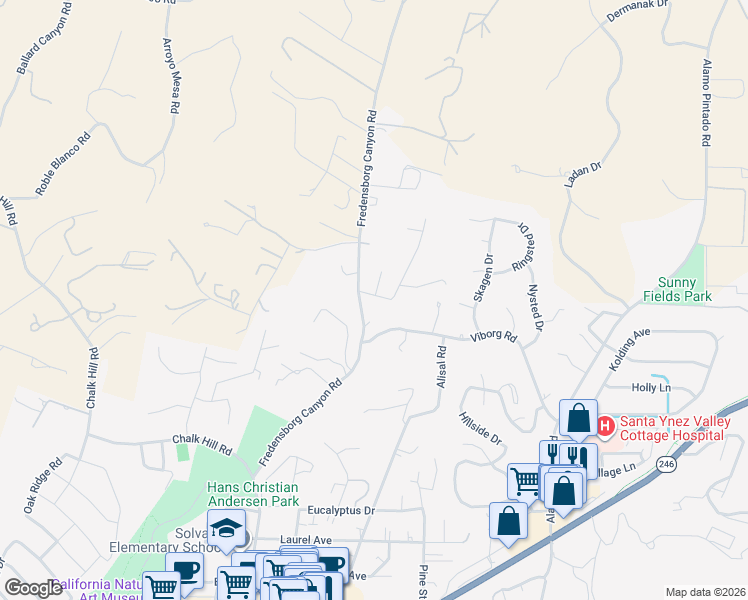 map of restaurants, bars, coffee shops, grocery stores, and more near 900 Fredensborg Canyon Road in Solvang