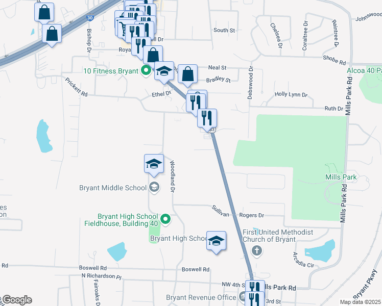map of restaurants, bars, coffee shops, grocery stores, and more near 219 Brown Lane in Bryant