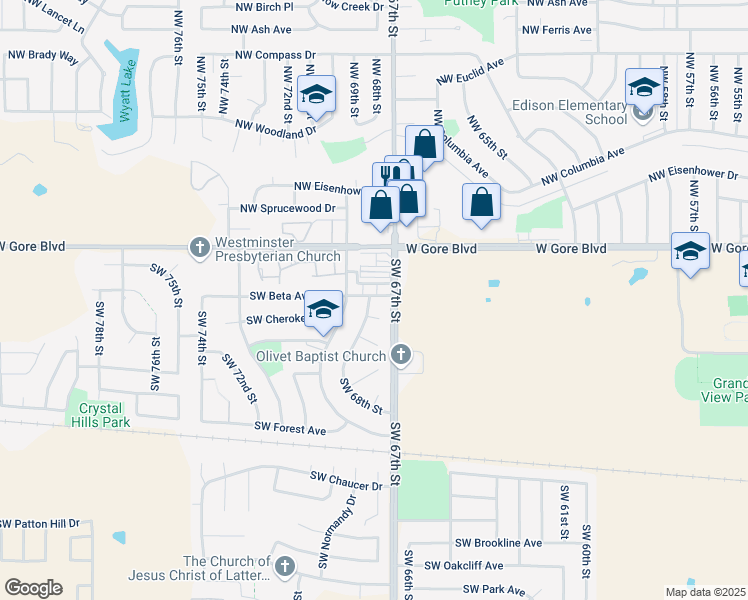 map of restaurants, bars, coffee shops, grocery stores, and more near 6708 Southwest Cherokee Circle in Lawton