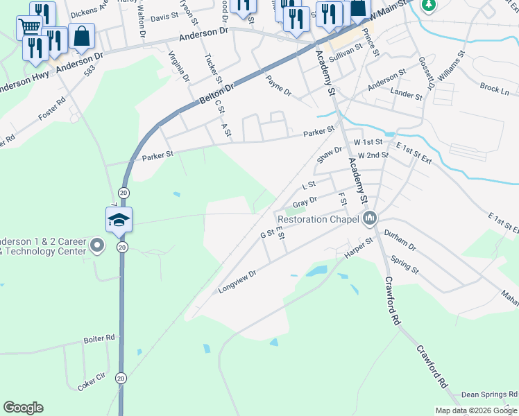 map of restaurants, bars, coffee shops, grocery stores, and more near 102 E Street in Williamston