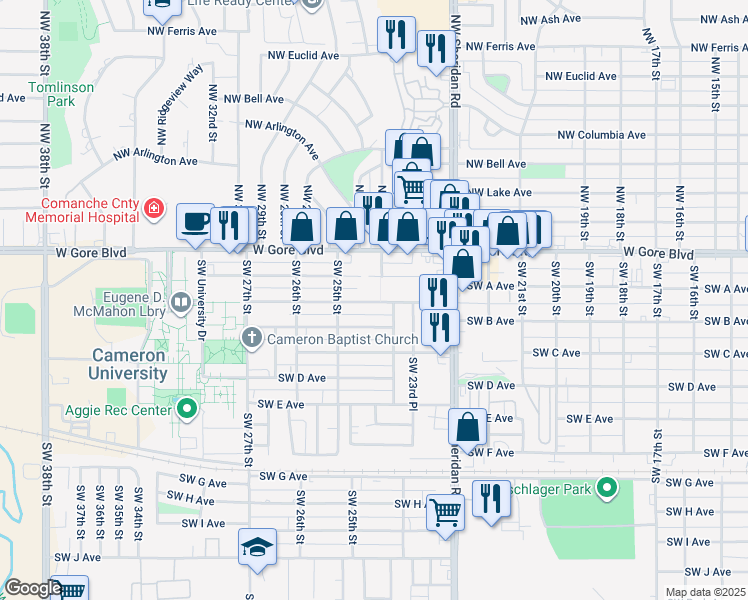 map of restaurants, bars, coffee shops, grocery stores, and more near 2407 Southwest B Avenue in Lawton