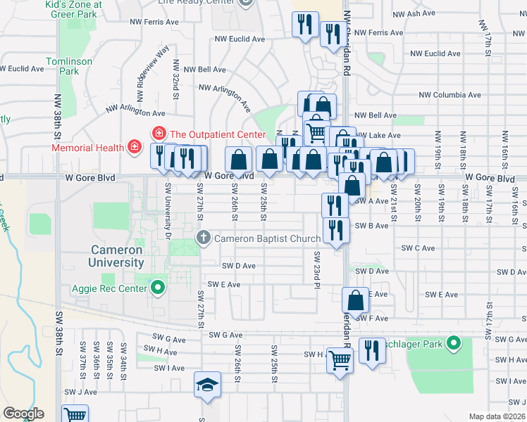 map of restaurants, bars, coffee shops, grocery stores, and more near 2425 Southwest B Avenue in Lawton