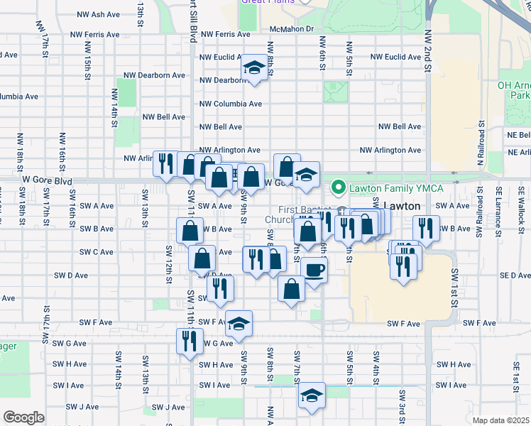 map of restaurants, bars, coffee shops, grocery stores, and more near 148-198 Southwest 8th Street in Lawton