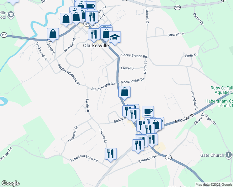 map of restaurants, bars, coffee shops, grocery stores, and more near 701 Old Historic U.S.441 in Clarkesville