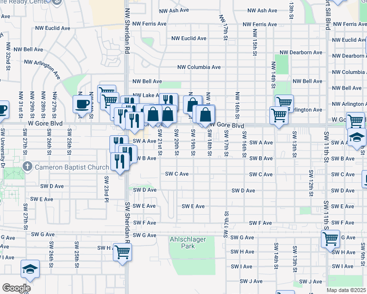 map of restaurants, bars, coffee shops, grocery stores, and more near 151-199 Southwest 20th Street in Lawton