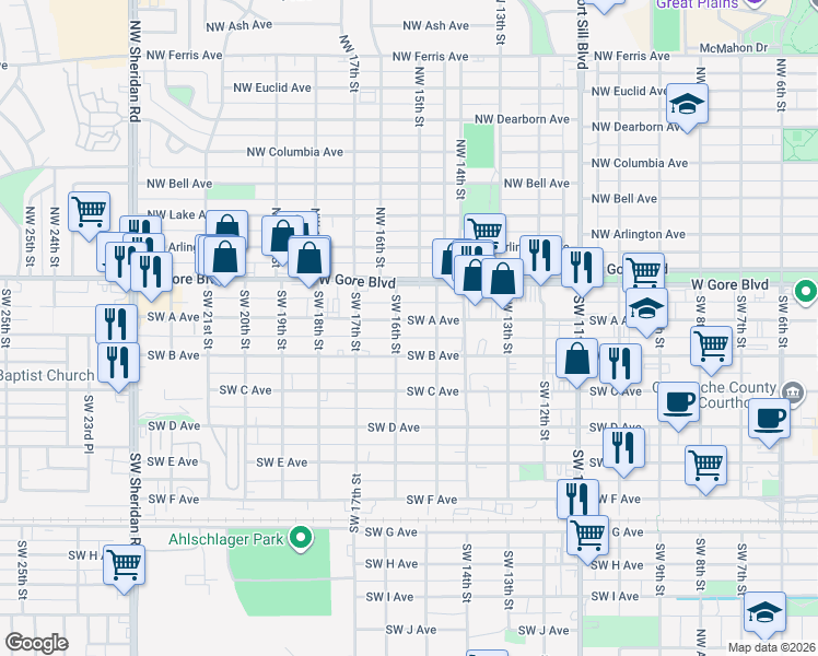 map of restaurants, bars, coffee shops, grocery stores, and more near 1601 Southwest B Avenue in Lawton