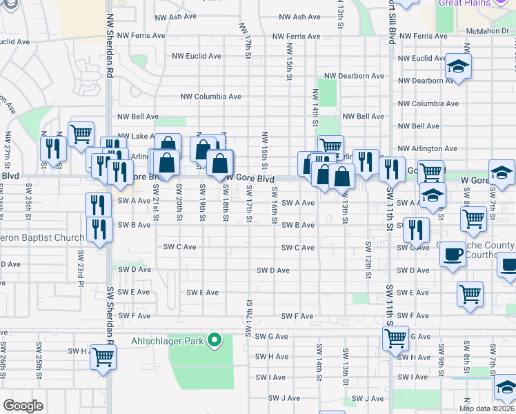 map of restaurants, bars, coffee shops, grocery stores, and more near 1612 Southwest A Avenue in Lawton