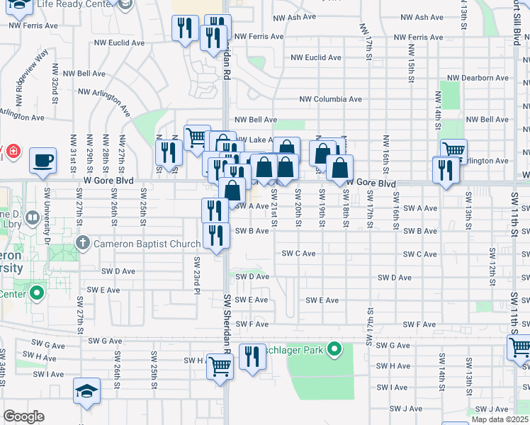 map of restaurants, bars, coffee shops, grocery stores, and more near 9 Southwest 21st Street in Lawton