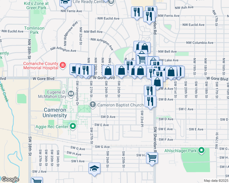 map of restaurants, bars, coffee shops, grocery stores, and more near 2513 Southwest Cornell Avenue in Lawton