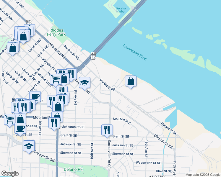 map of restaurants, bars, coffee shops, grocery stores, and more near 1702 Somerville Road Northeast in Decatur