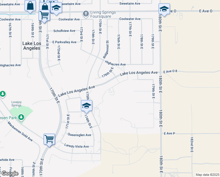 map of restaurants, bars, coffee shops, grocery stores, and more near Lakespring Avenue in Lake Los Angeles
