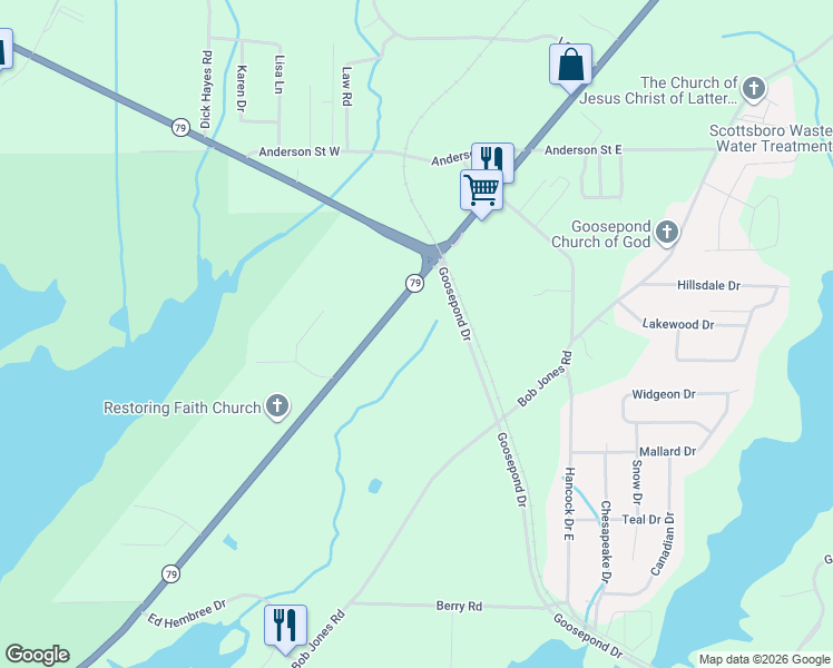 map of restaurants, bars, coffee shops, grocery stores, and more near 6326 Alabama 79 in Scottsboro