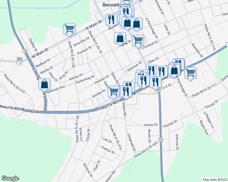map of restaurants, bars, coffee shops, grocery stores, and more near 99 Riley Street in Bennettsville
