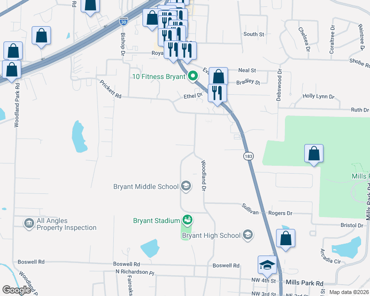 map of restaurants, bars, coffee shops, grocery stores, and more near 701 Sheffield Drive in Bryant