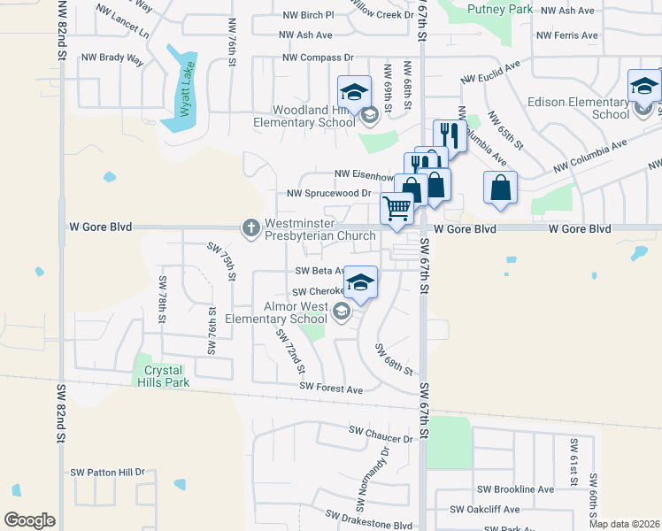 map of restaurants, bars, coffee shops, grocery stores, and more near 7077 Southwest Westchester Circle in Lawton
