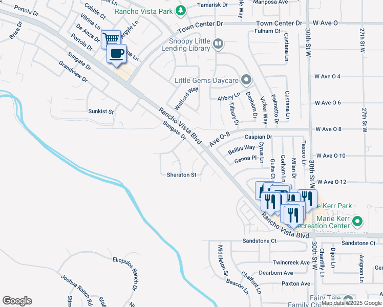 map of restaurants, bars, coffee shops, grocery stores, and more near 39934 Borica Court in Palmdale