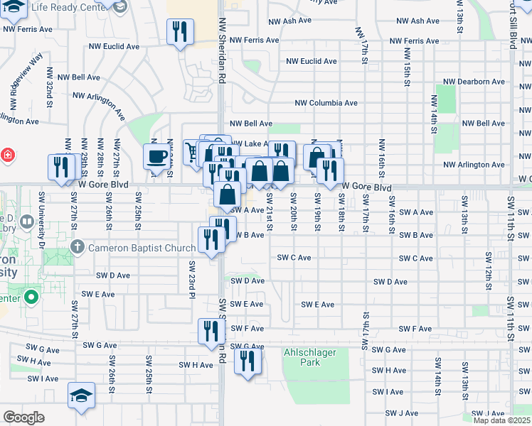 map of restaurants, bars, coffee shops, grocery stores, and more near 9 Southwest 21st Street in Lawton