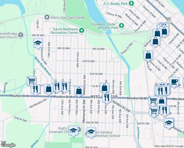 map of restaurants, bars, coffee shops, grocery stores, and more near 299 8th Avenue Northwest in Decatur