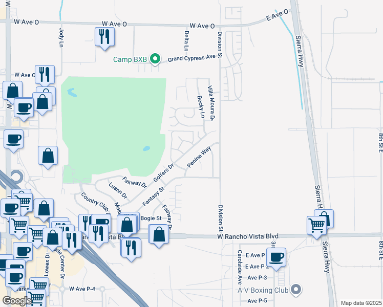 map of restaurants, bars, coffee shops, grocery stores, and more near 39930 Golfers Drive in Palmdale