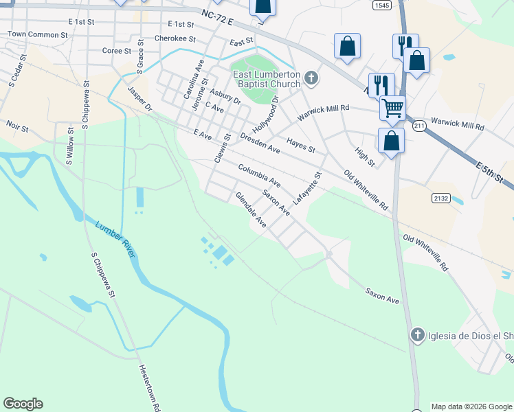 map of restaurants, bars, coffee shops, grocery stores, and more near 517 Glendale Avenue in Lumberton
