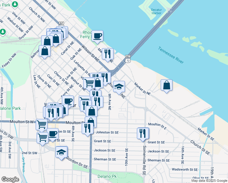 map of restaurants, bars, coffee shops, grocery stores, and more near 801 Church Street Northeast in Decatur