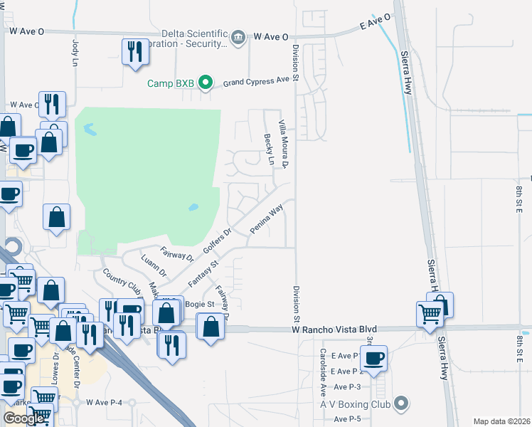 map of restaurants, bars, coffee shops, grocery stores, and more near 39943 Penina Way in Palmdale