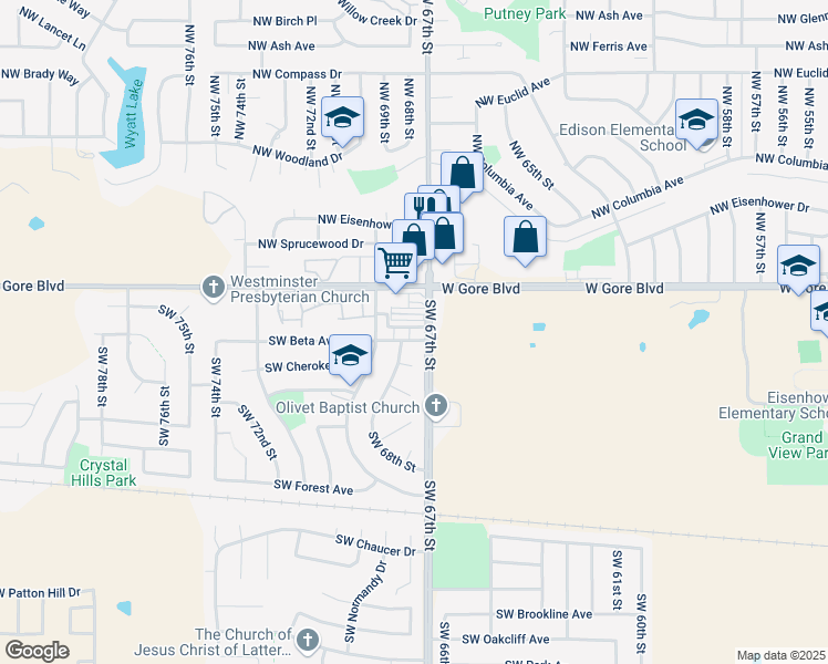 map of restaurants, bars, coffee shops, grocery stores, and more near 639 Southwest 67th Street in Lawton