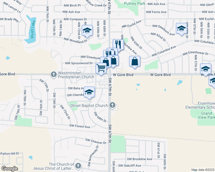 map of restaurants, bars, coffee shops, grocery stores, and more near 639 Southwest 67th Street in Lawton