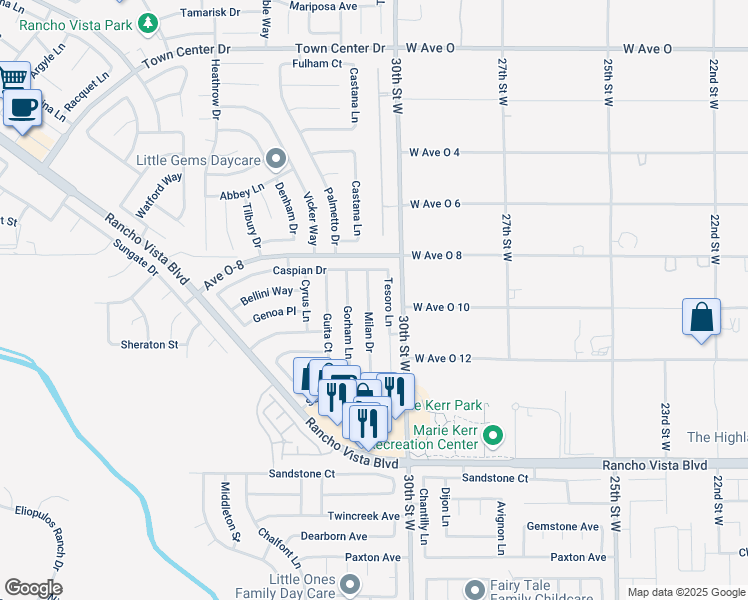 map of restaurants, bars, coffee shops, grocery stores, and more near 39914 Milan Drive in Palmdale