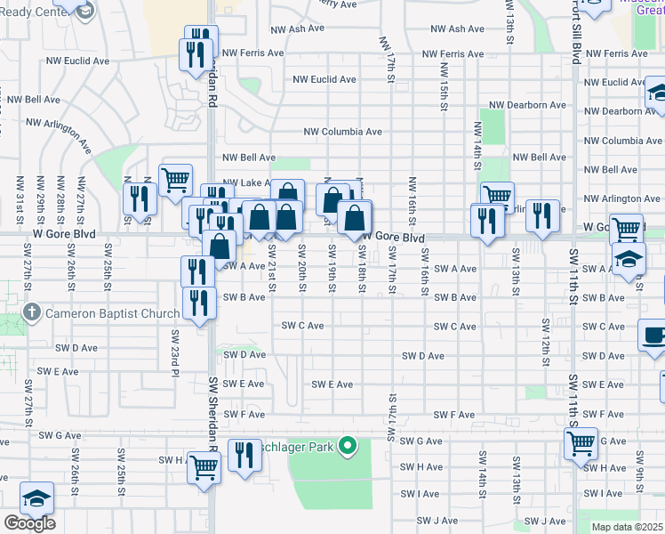 map of restaurants, bars, coffee shops, grocery stores, and more near 99 Southwest 19th Street in Lawton