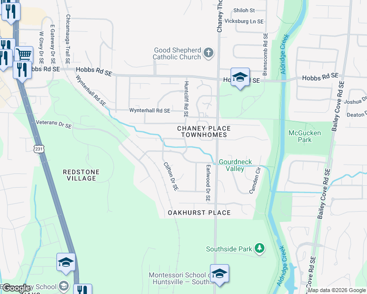 map of restaurants, bars, coffee shops, grocery stores, and more near 2436 Johnstone Circle Southeast in Huntsville