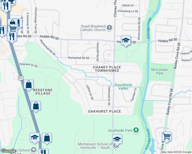 map of restaurants, bars, coffee shops, grocery stores, and more near 2436 Johnstone Circle Southeast in Huntsville