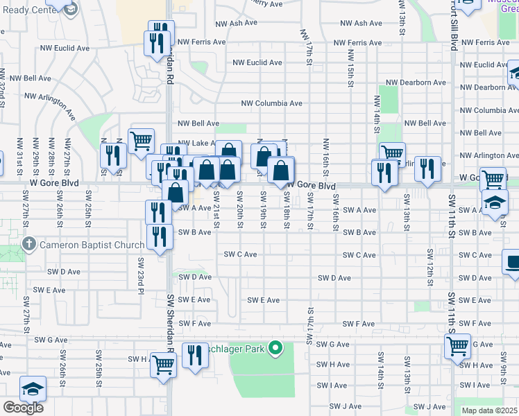 map of restaurants, bars, coffee shops, grocery stores, and more near 1-99 SW 19th St in Lawton