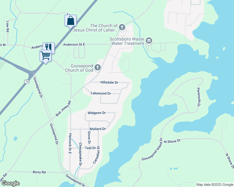 map of restaurants, bars, coffee shops, grocery stores, and more near 269 Lakewood Drive in Scottsboro