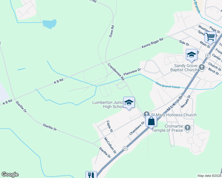 map of restaurants, bars, coffee shops, grocery stores, and more near 2801 Kenny Biggs Road in Lumberton