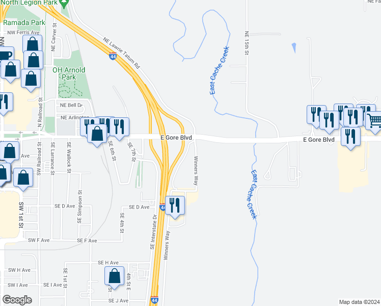 map of restaurants, bars, coffee shops, grocery stores, and more near 1121 East Gore Boulevard in Lawton