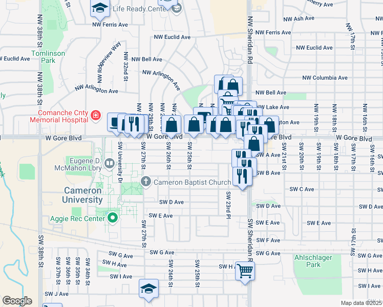 map of restaurants, bars, coffee shops, grocery stores, and more near 2417 Southwest Cornell Avenue in Lawton