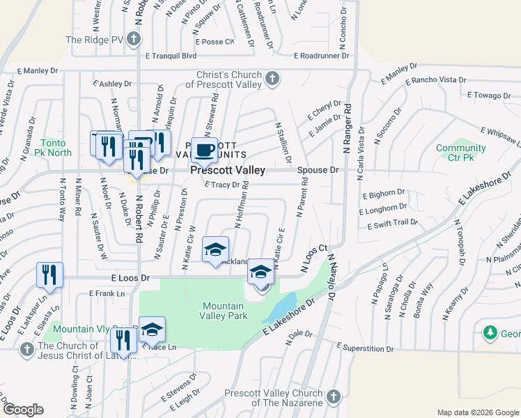map of restaurants, bars, coffee shops, grocery stores, and more near 4528 North Katie Circle East in Prescott Valley