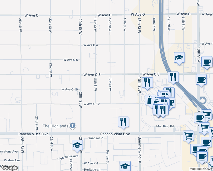 map of restaurants, bars, coffee shops, grocery stores, and more near 39928 17th Street West in Palmdale
