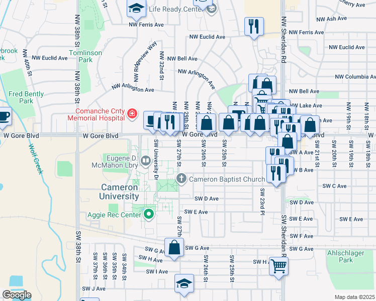 map of restaurants, bars, coffee shops, grocery stores, and more near 2611 Southwest Cornell Avenue in Lawton
