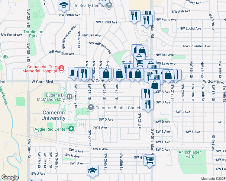 map of restaurants, bars, coffee shops, grocery stores, and more near 2513 Southwest Cornell Avenue in Lawton