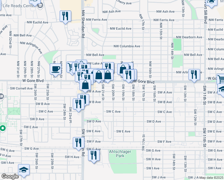 map of restaurants, bars, coffee shops, grocery stores, and more near 2001 Southwest A Avenue in Lawton
