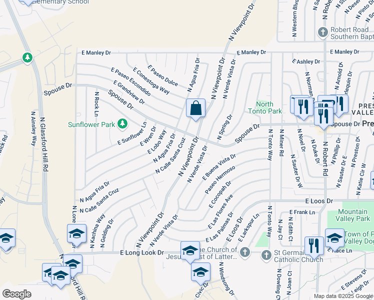 map of restaurants, bars, coffee shops, grocery stores, and more near 4501 North Viewpoint Drive in Prescott Valley