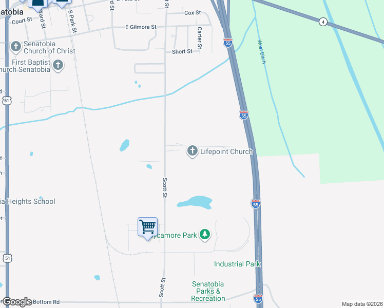 map of restaurants, bars, coffee shops, grocery stores, and more near 822 Scott Street in Senatobia