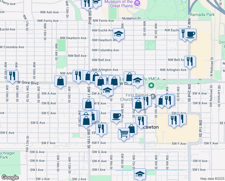 map of restaurants, bars, coffee shops, grocery stores, and more near 815 Southwest A Avenue in Lawton