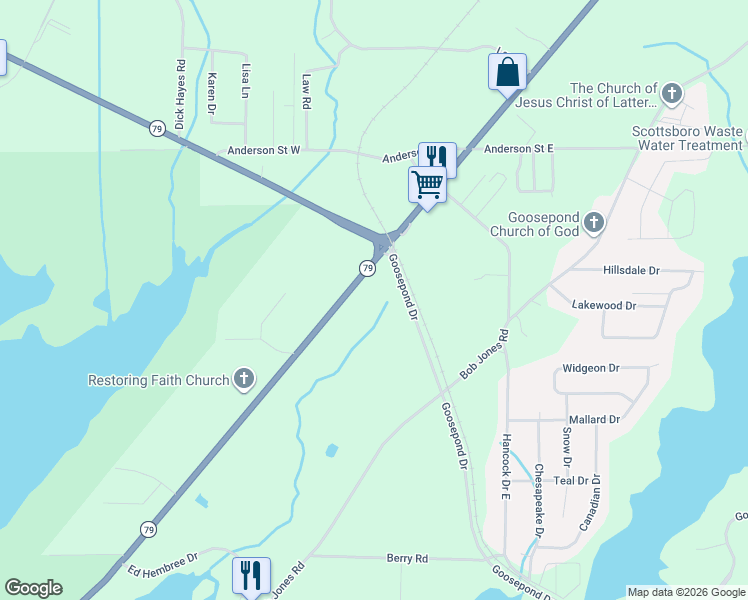 map of restaurants, bars, coffee shops, grocery stores, and more near 6301 South Broad Street in Scottsboro