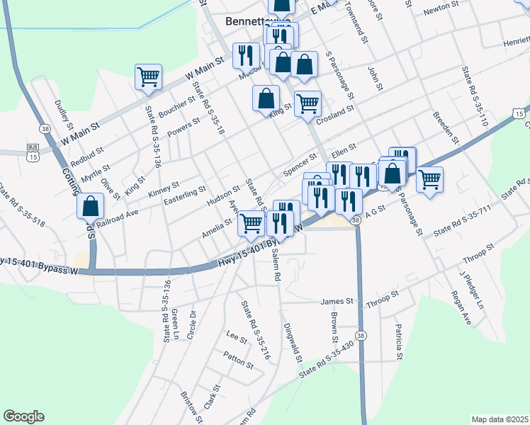 map of restaurants, bars, coffee shops, grocery stores, and more near 99 Riley Street in Bennettsville