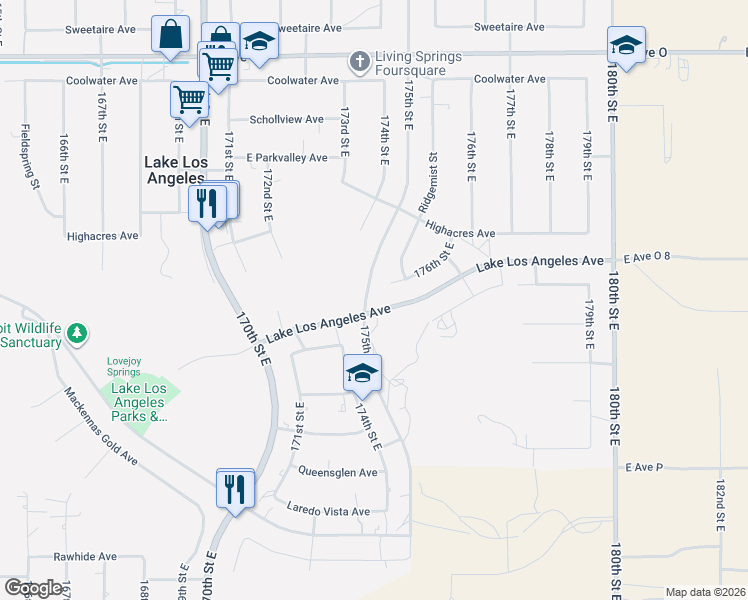map of restaurants, bars, coffee shops, grocery stores, and more near 176th Street East in Palmdale