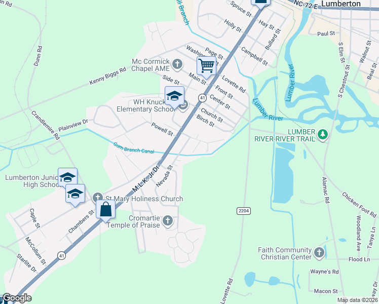 map of restaurants, bars, coffee shops, grocery stores, and more near 1712 Maryland Street in Lumberton