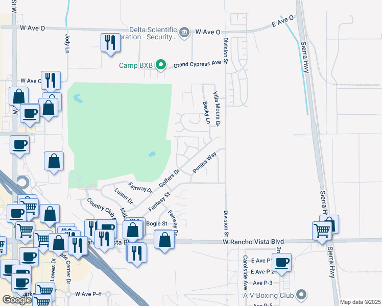 map of restaurants, bars, coffee shops, grocery stores, and more near 39955 Golfers Drive in Palmdale